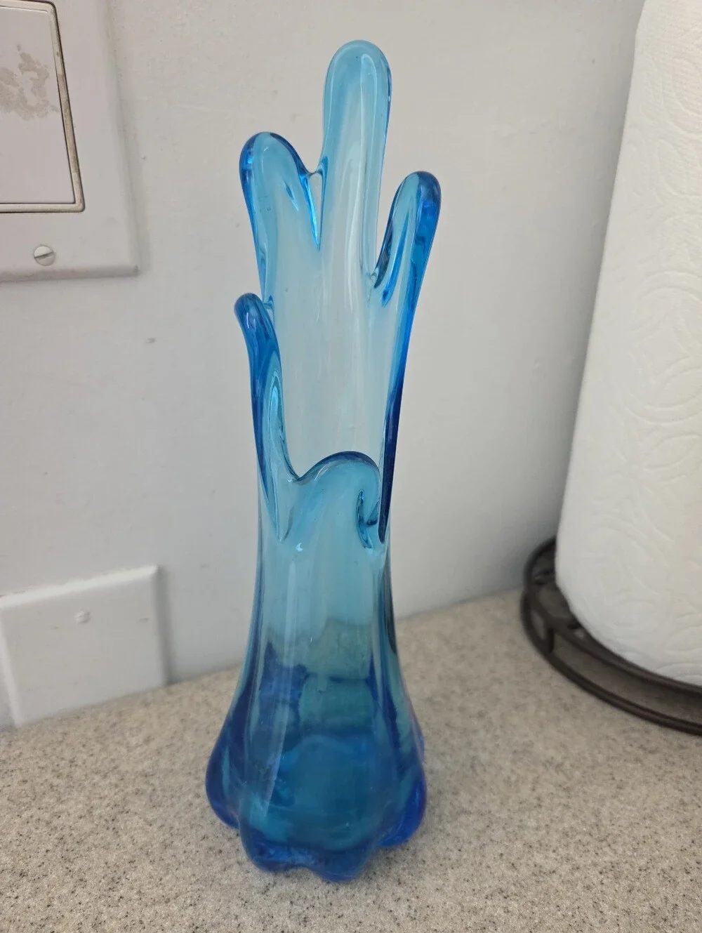 Vintage MCM 10” Blue Swung Glass Vase 5 Finger